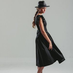 Vintage 50's Black Ruffled Sleeve Dress With Back Bow Detail